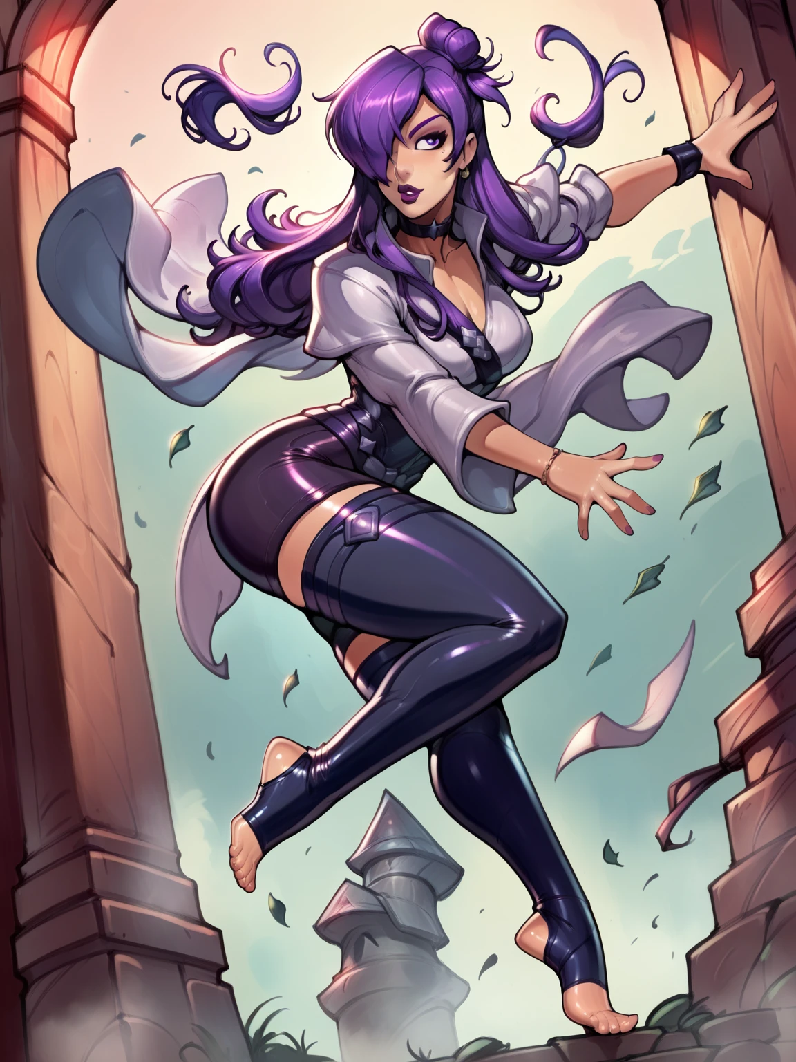 score_9, score_8_up, score_7_up, BREAK, masterpiece, best quality, shez, hair over one eye, choker,single glove,reiq art style,stirrup legwear,purple hair,feet,perfect feet,dynamic pose,single hair bun,wearing toe rings,