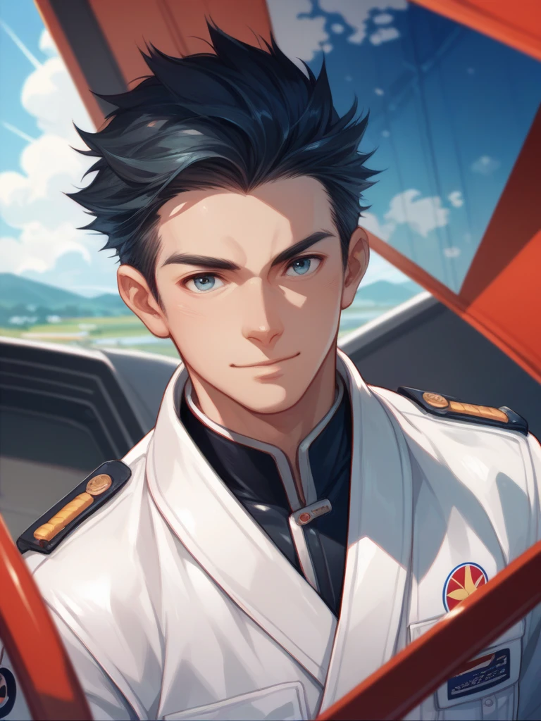 Anime style, Japanese, high quality, transparent hair, shimmering, black hair, short hair, male in his 20s, Japanese fighter pilot, Pacific War, most respectful