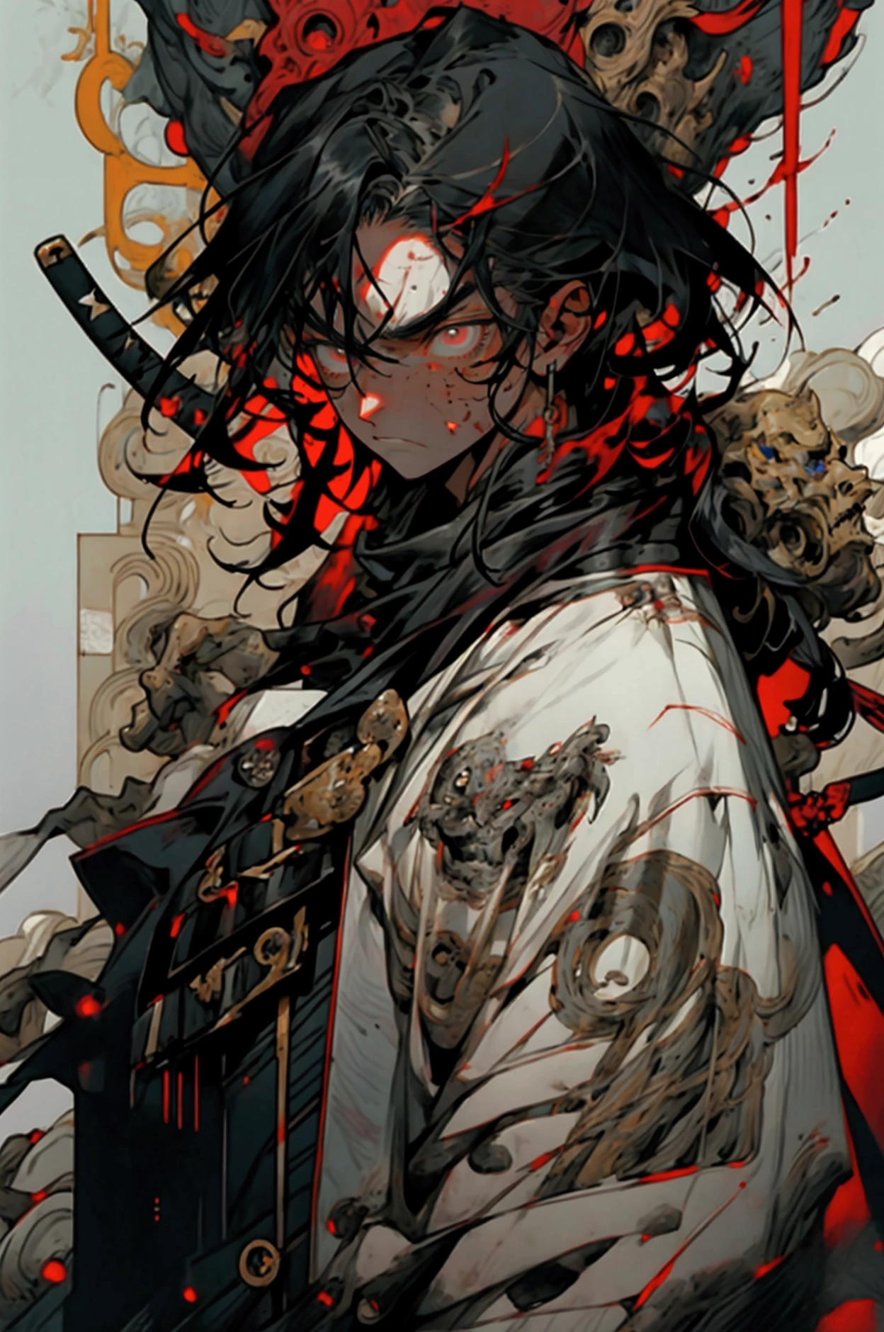A middle-aged man in his 40s, Long hair in a striking red and black combination, Wild and Messy Hairstyle, Fierce gaze, Confident smile, He has a lightning bolt tattoo on his left cheek , Strong physique, A gorgeous short-sleeved fantasy-style coat, A fitted scaled undergarment, Black fur shawl, Wrist guard, Coarse trousers, He stood like a sacred figure on the crumbling earth, There's debris floating everywhere., This character embodies a carefully crafted、Anime style based on fantasy, With refinement、Features a mature comic book illustration art style, HD, best quality, high resolution, Extremely detailed, Super Fine, Extremely refined, professional, Anatomically correct, Symmetrical face, Extremely detailed eyes and face, High quality eyes, creativity, RAW photos, 超HD, 8K, Natural light, light, masterpiece-anatomy-perfect, masterpiece:1.5