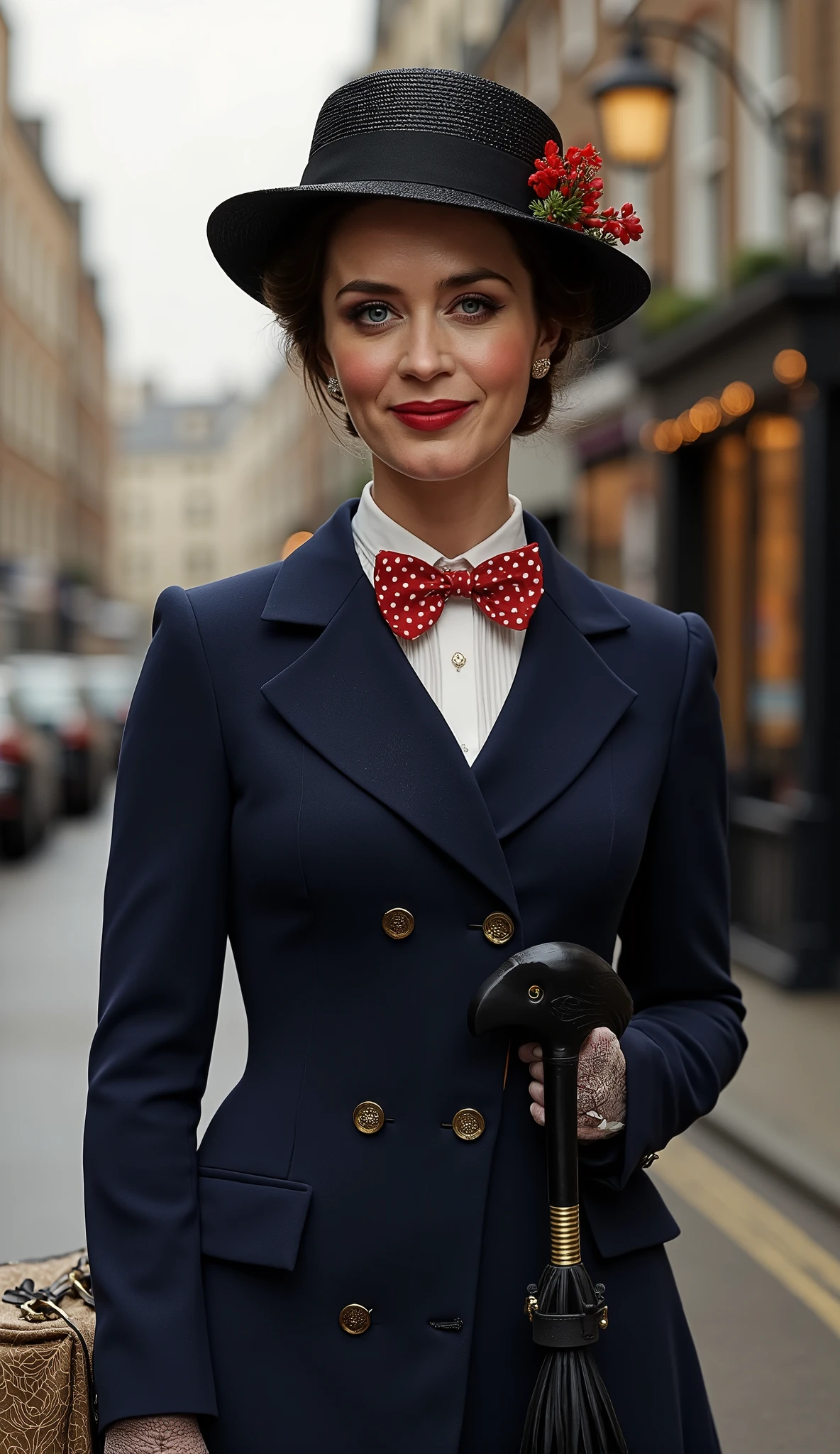 Create a realistic depiction of Emily Blunt as Mary Poppins. She is wearing a tailored navy-blue coat with a fitted waist and flared hem, buttoned neatly over a crisp white blouse with a red and white polka-dot bow tie at the collar. She holds a black umbrella with a parrot-shaped handle in one hand and an intricately patterned vintage carpet bag in muted tones in the other. Her short, wavy brunette hair is styled neatly beneath a black straw boater hat adorned with a small red flower and delicate berries. Her makeup is classic, with rosy cheeks and soft red lipstick, complementing her warm, refined look. The background is an Edwardian London street scene, softly lit to evoke a magical and nostalgic atmosphere



