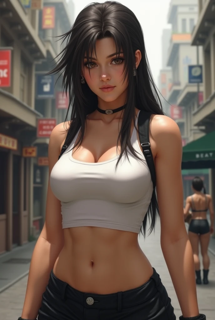Tifa Lockheart, white crop top, short black skirt, large breasts