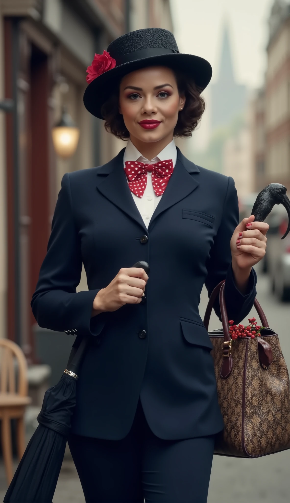 Create a realistic and sexy depiction of Elsa Jean  as Mary Poppins. She is wearing a tailored navy-blue coat with a fitted waist and flared hem, buttoned neatly over a crisp white blouse with a red and white polka-dot bow tie at the collar. She holds a black umbrella with a parrot-shaped handle in one hand and an intricately patterned vintage carpet bag in muted tones in the other. Her short, wavy brunette hair is styled neatly beneath a black straw boater hat adorned with a small red flower and delicate berries. Her makeup is classic, with rosy cheeks and soft red lipstick, complementing her warm, refined look. The background is an Edwardian London street scene, softly lit to evoke a magical and nostalgic atmosphere



