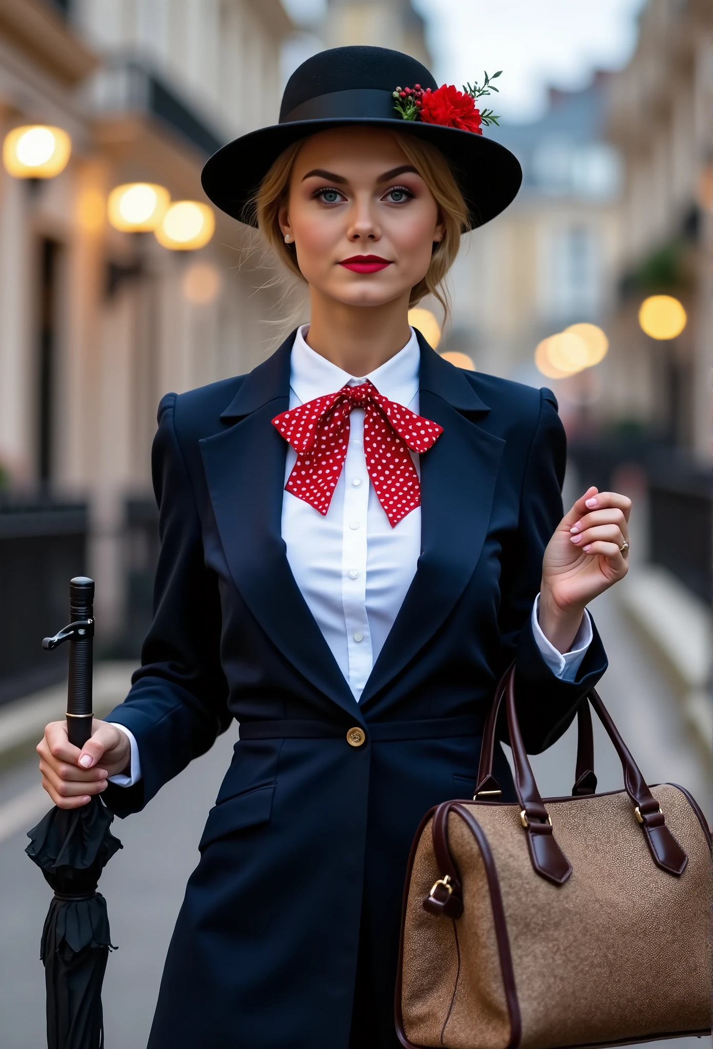 Create a realistic and sexy depiction of Nancy Ace as Mary Poppins. She is wearing a tailored navy-blue coat with a fitted waist and flared hem, buttoned neatly over a crisp white blouse with a red and white polka-dot bow tie at the collar. She holds a black umbrella with a parrot-shaped handle in one hand and an intricately patterned vintage carpet bag in muted tones in the other. Her short, wavy blonde hair is styled neatly beneath a black straw boater hat adorned with a small red flower and delicate berries. Her makeup is classic, with rosy cheeks and soft red lipstick, complementing her warm, refined look. The background is an Edwardian London street scene, softly lit to evoke a magical and nostalgic atmosphere



