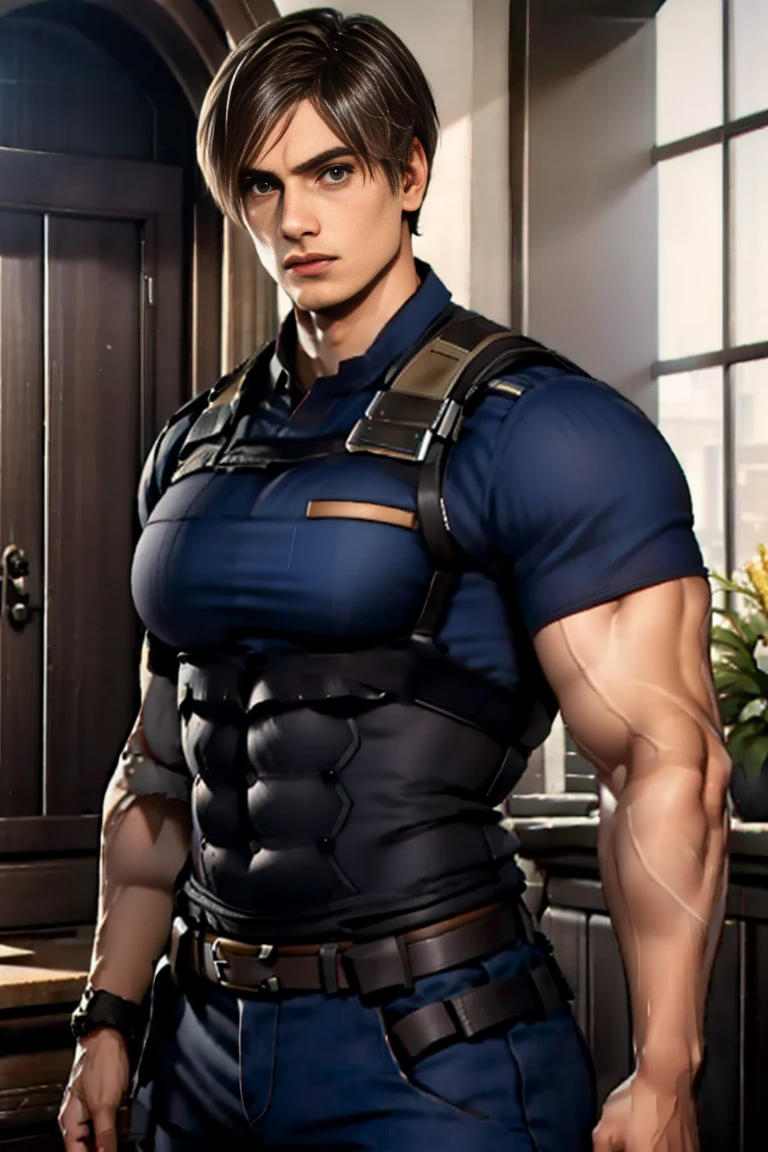 a genie of the lamp transforms into a handsome, strong and muscular Japanese man who wears a blue and gold sleeveless shirt, oatmeal haren pants, wears a high ponytail and shaved sides, showing off his biceps, pectorals and abs