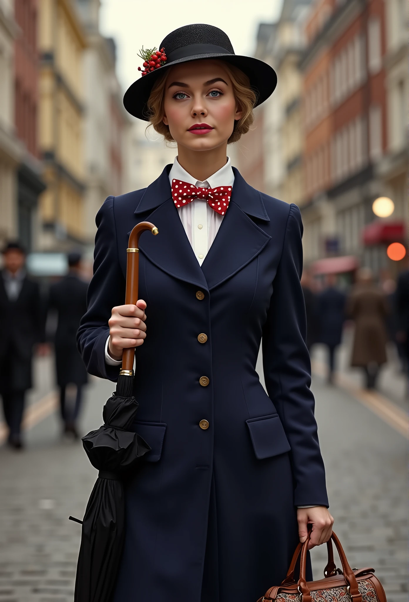 Create a realistic portrait, depiction of Nancy Ace as Mary Poppins. She is wearing a tailored navy-blue coat with a fitted waist and flared hem, buttoned neatly over a crisp white blouse with a red and white polka-dot bow tie at the collar. She holds a black umbrella with a parrot-shaped handle in one hand and an intricately patterned vintage carpet bag in muted tones in the other. Her short, wavy blonde hair is styled neatly beneath a black straw boater hat adorned with a small red flower and delicate berries. Her makeup is classic, with rosy cheeks and soft red lipstick, complementing her warm, refined look. The background is an Edwardian London street scene, softly lit to evoke a magical and nostalgic atmosphere



