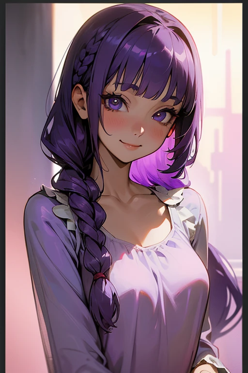 (masterpiece, best quality:1.4), 8k, Purple messy Pigtails Hair, Hair tie, Young adult, anime girl, Shy smile, Shy, light Purple Eyes, Big chest, black Turtleneck, White sweater (detailed eyes and face, sharp pupils, realistic pupils:0.6)