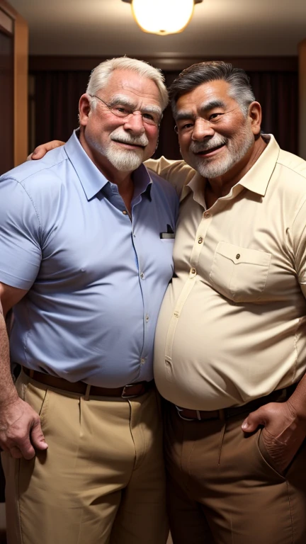 2 vietnamese grandfathers with gray hair, mature face, a thick mustache, a short chin beard, bear body, wearing a massive bulging gray jockstraps standing at the stream, have belly, big muscular chest, a sexy pose.