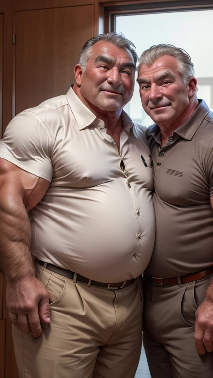 Hyperrealistic image of two Victorian boxers with badly injured faces hugging a bare-chested man A very old and very sweaty superhero with very grey hair A very muscular 80-year-old bodybuilder and a 20-year-old fat guy weighing over 200 kilos with a big, bare torso, Saggy breasts Huge tattoos Big brown nipples A grey mustache Dressed in striped tights in the middle of a ringside