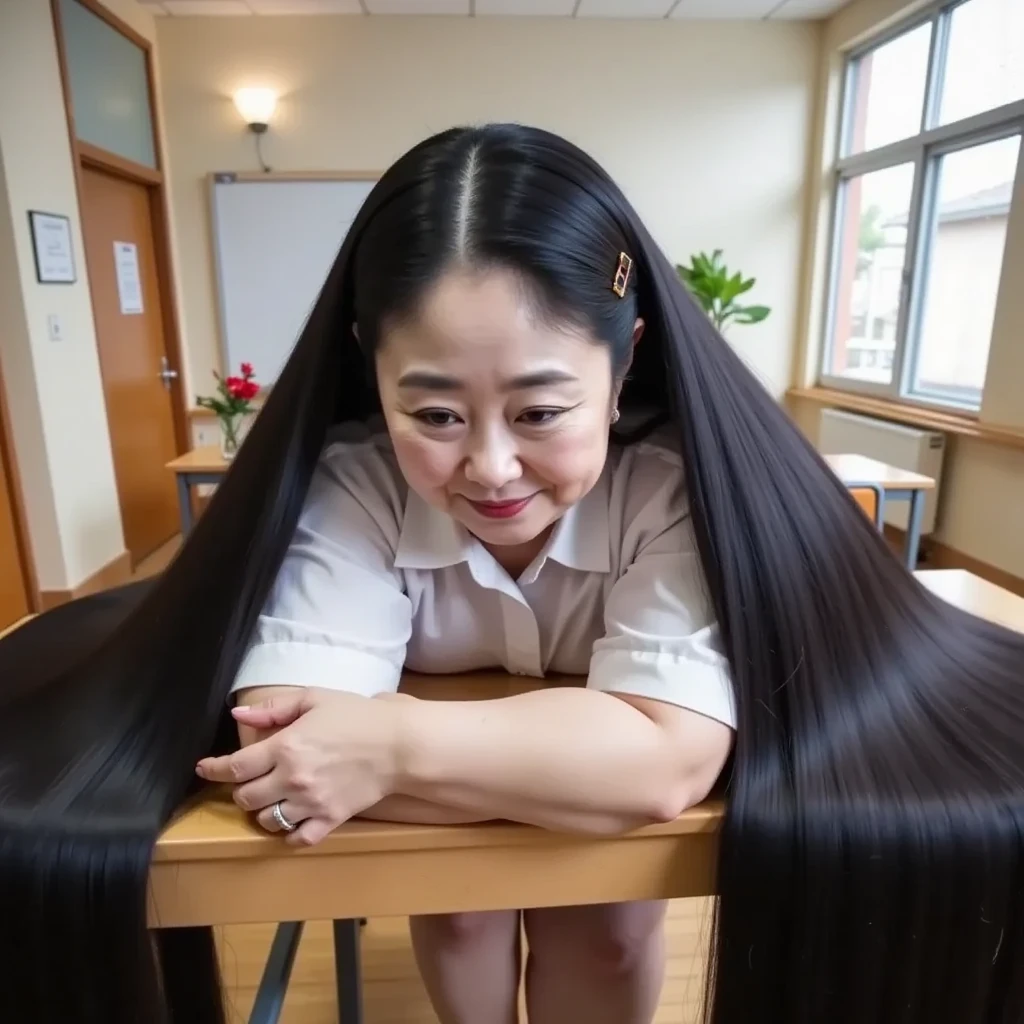 8k,Highest quality, masterpiece, Ultra-high resolution,(masterpiece:1.6, Highest quality), Intricate details, 1 female,Middle-aged woman in her 50s, japanese, full body, ((dynamic pose:1.4)), top of head, ((Absurdly Long hair:1.5)), ((jet Black Hair)), ((forehead:1.5)), ((Extremely obese, Fat face, round face, Saggy face, crow's feet wrinkies:1.4)), ((huge breasts, gigantic breasts:1.5)), ((super Saggy breasts:1.5)), ((pale skin, shiny skin)),  bewitching expression,((A mature woman is lying face down on her desk :1.5)),(( mature woman's ridiculously long, glossy black hair covers her desk:1.5)),(( white sailor suit , red mini skirt,:1.2)),((Bright school classroom during the day,Wooden comb,Tortoiseshell hair clip:1.2))