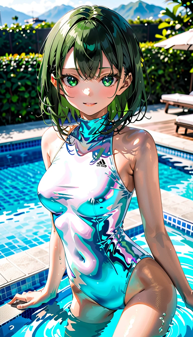 (One Woman),(Female competitive swimmer),(((Green ultra-high cut swimsuit:1.5))),(Nike Style),(((Uniform stuck to the body:1.5))),(short hair:1.5),(front),(Beautiful Eyes:1.3),(Sexy Face:1.3),(Very detailedな顔:1.5),((Very detailedな手の描画:1.5)),((Muscular:1.5)),(Sexy Looks:1.5),((Thick thighs:1.5)),(Well-built:1.5),(Beautiful body:1.5),(Wet body:1.1),((Very sensual:1.5)),(The background is the pool:1.5),(((Blur the background:1.5))),(Gentle light:1.5),(Written boundary depth:1.5),break((((masterpiece:1.5),(Highest quality:1.5),(Very detailed:1.5),(High resolution:1.5),(Realistic:1.5),(Realistic:1.5),(Delicate depiction)))),8K,wallpaper