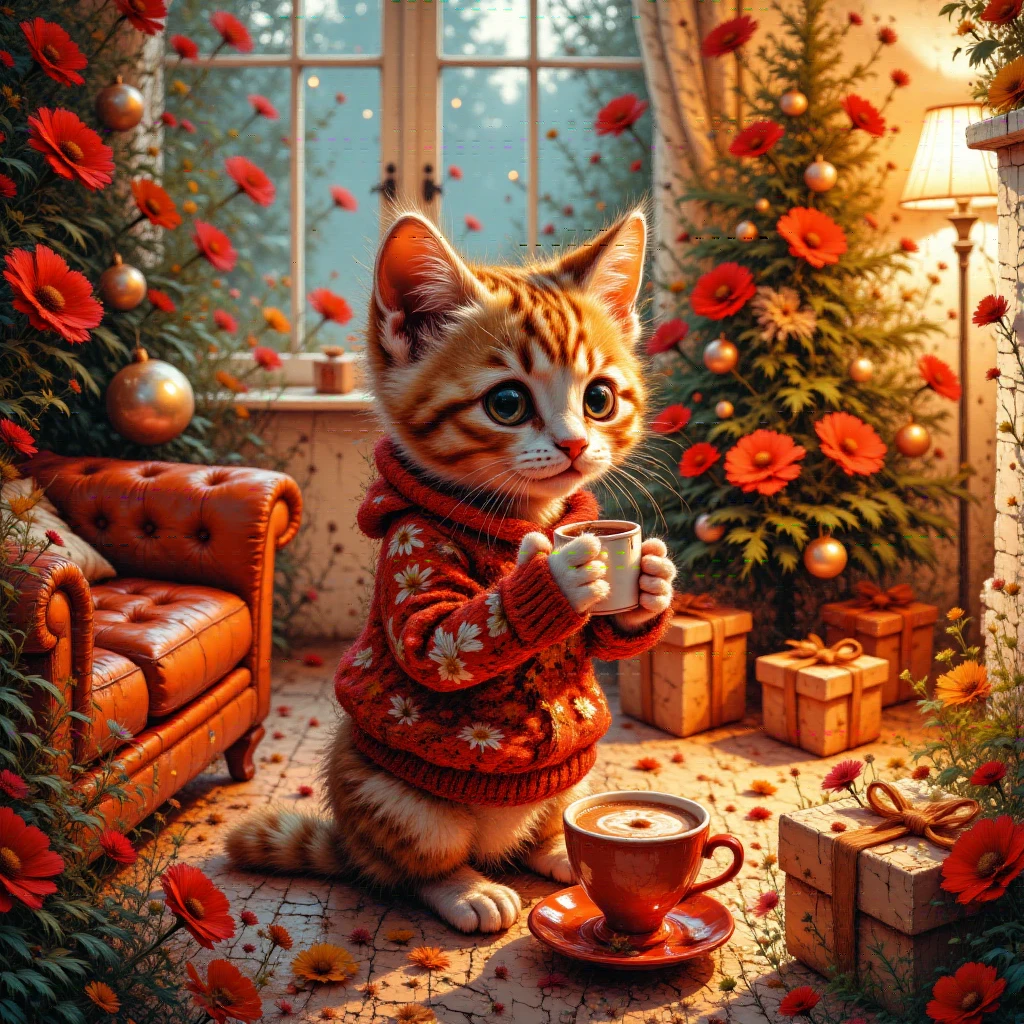 Highly detailed dynamic shot of a majestic, adorable baby cat in a cozy Christmas living room, drinking from a tiny festive cup of hot chocolate. The baby cat wears a cozy, intricate Christmas sweater, its soft fur glowing with delicate details. Its large, expressive eyes and playful, endearing expression add to its charm, with a faintly glowing red nose giving a whimsical touch. Surrounded by twinkling holiday lights, glowing sparkles, and a magical winter atmosphere, the scene radiates warmth and festive beauty, capturing a perfect blend of kawaii fantasy and holiday coziness.