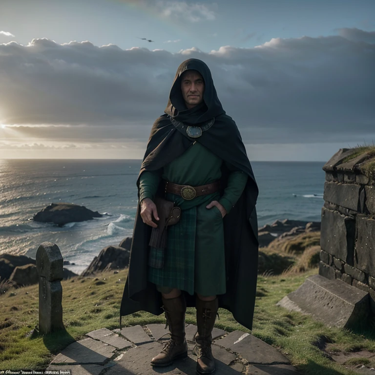  An impressive, cinematic 8K scene that captures the magical essence of Scotland .  The image portrays a rugged emerald green cliff overlooking the roaring Atlantic Ocean ,  where waves crash dramatically against rocks .  A meandering cobblestone road leads to a ancient ivy-covered castle ,  located on the edge of the cliff ,  illuminated by the soft light of a golden setting sun . in the foreground, a mysterious figure with a cape and a shining lamp stands near a circle of worn standing stones,  surrounded by a brilliant haze . above,  the sky is alive and bleak , insinuating an enchanted world .  A group of ravens flies to the horizon ,  as a rainbow arches in the distance ,  fading into a magical forest .  The scene tells a story of mystery ,  ancient legends and the untamed beauty of Scotland ,  evoking feelings of wonder and adventure .