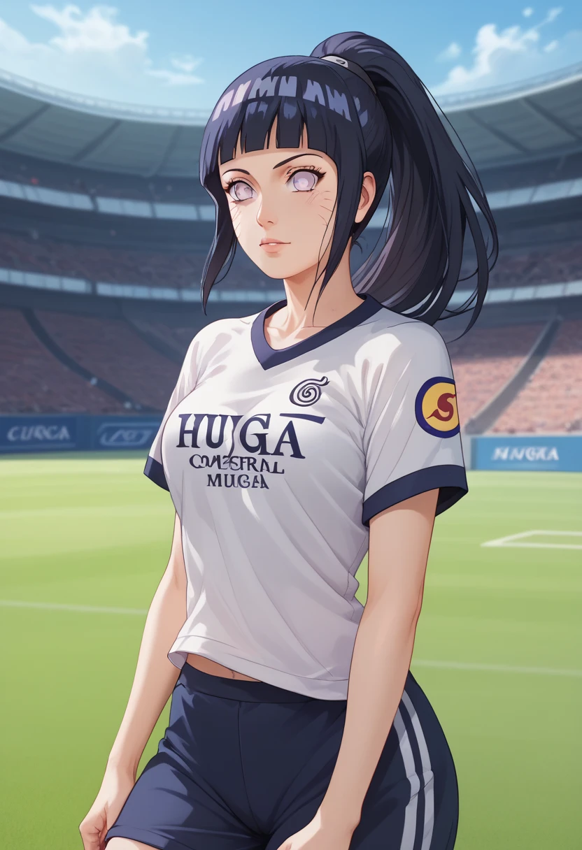 1girl, (Hinata Hyuga), wearing a Manchester United shirt, football field background