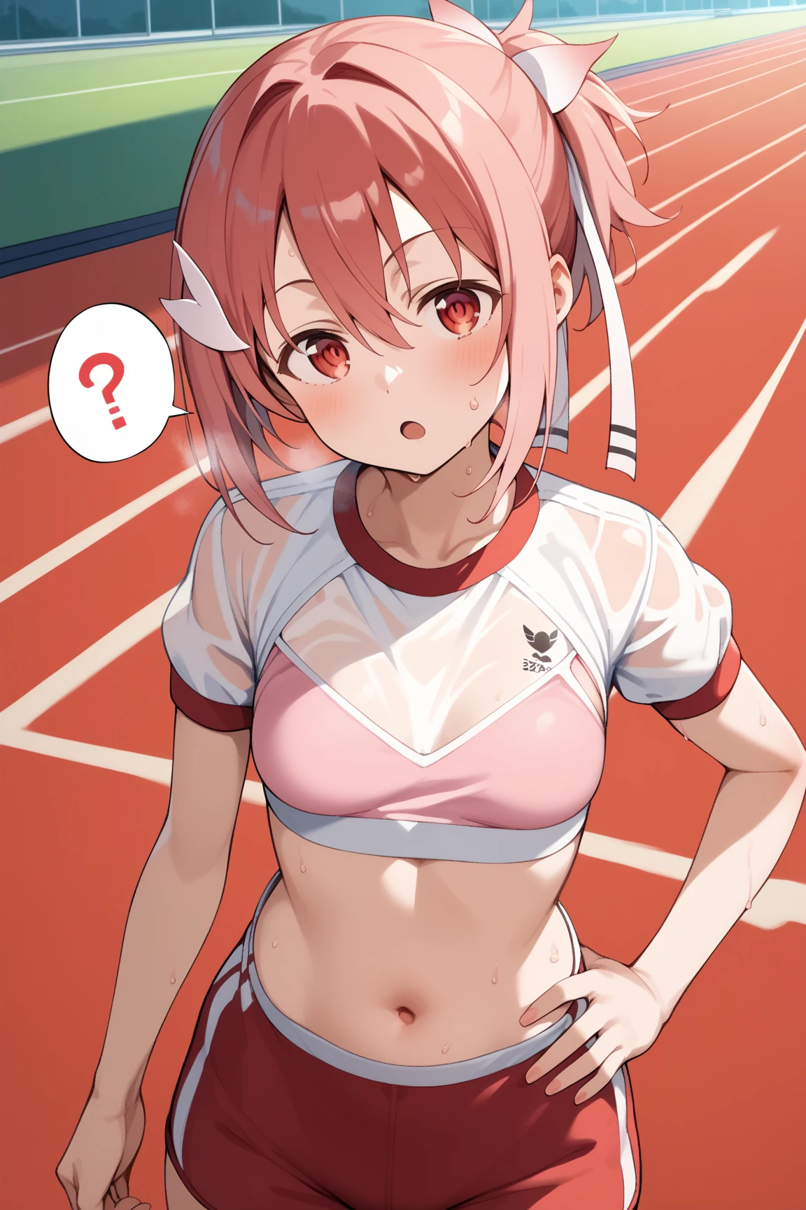 Yuuki Yuna,megami magazine,short hair,red hair,short ponytail,hair ribbon,white ribbon,hair ornament,pink hair ornament,bangs,hair between eyes,red eyes,small breasts,
(((see through gym uniform))),sports bra,((steam)),
1girl,(is kubrick stare,open mouth:1.0),sweat,spoken question mark,
((standing,looking at viewer,head tilt,hand on hip:1.2)),
(running track:1.0),clothed