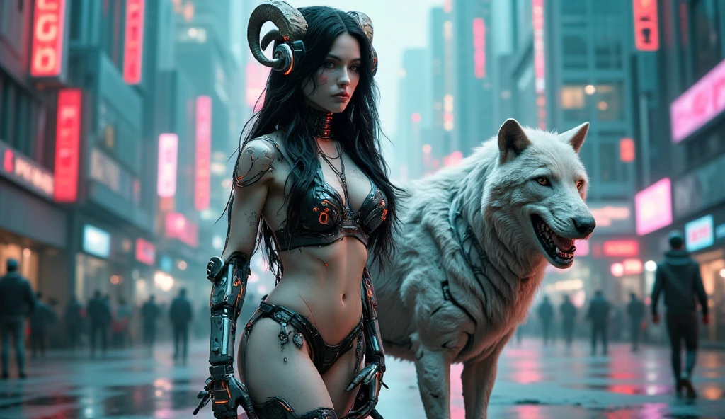  Create an ultra realistic full-body image of a beautiful 18-year-old woman, wearing a gothic bikini , huge boobs and deep V-neck , the skin of the branch is pale, long black hair, gothic,  sheep horns on the head ,  Very big boobs, cybernetic body, Digging on a robotic white wolf, in a cyberpunk city