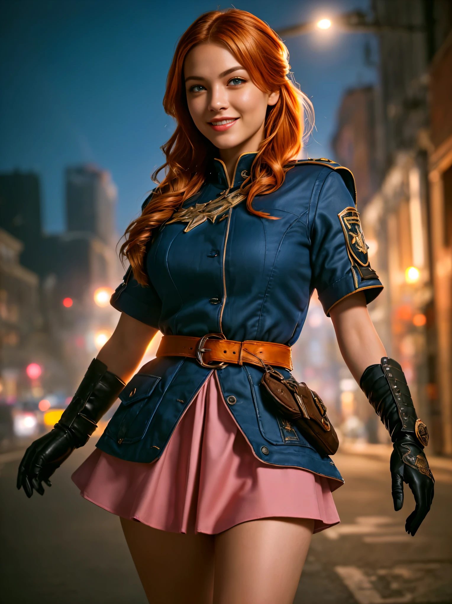 emma stone, high quality RAW color photo of a steampunk detective woman wearing low pants and thigh boots crop top and jacket, thigh slit, intricate mechanical city, night, dark, atmospheric, foggy, seductive, sexual, vivid seductive eyes, high contrast, soft lighting, backlighting, flower, chromatic freak, smooth, sharp focus, fantasy, steampunk, chubby, curvilinea, thick thighs