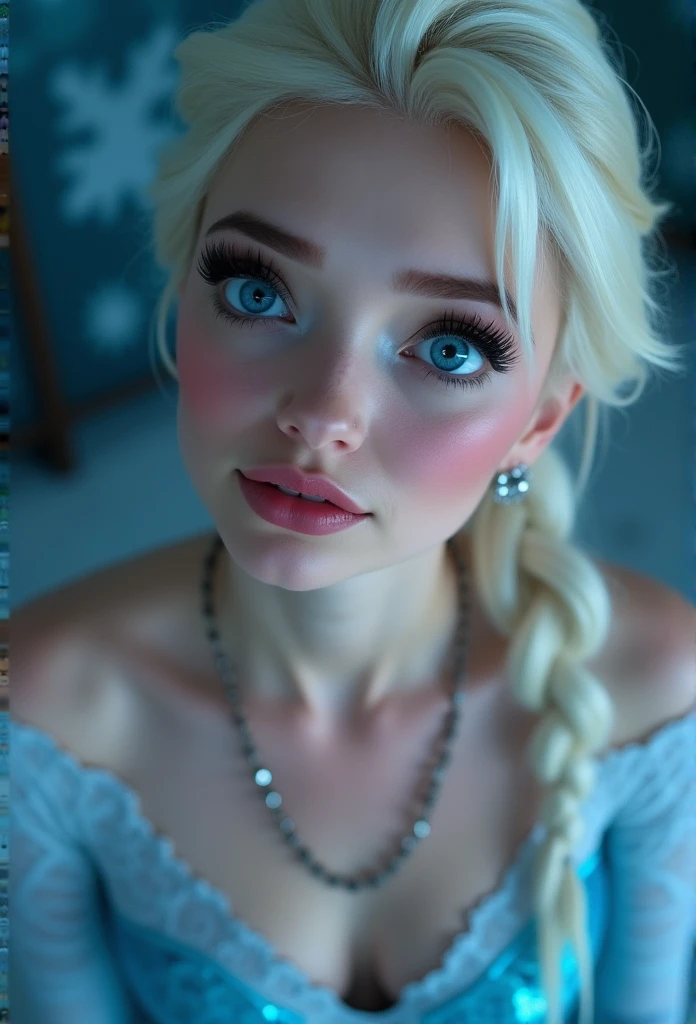 Elsa, (perky breasts), (((small breasts))), smirk:1.2, beautiful blue eyes, (perfect iris’s), depth of colour to her eyes, blonde hair, long hair, braid, full lips, blush, naked, she is showing her vagina, depth of field, bokeh, (special attention to skin detail: 1.2), masterpiece, best quality, ultra-detailed, ultra-HD, photorealistic, cinematic, ((mid camera shot)), sensual pose, alluring, nipples:1.4, looking up at camera, closeup on her face, her cheeks are blushed, 2, she is on her knees, eye contact:1.4, high angle:1.5, ((closeup on face)), perfect face, (((visible breasts))) bokeh everything other than her perfect face, location is Arendelle in winter, ice castle