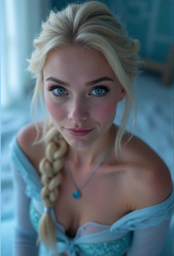 Elsa, (perky breasts), (((small breasts))), smirk:1.2, beautiful blue eyes, (perfect iris’s), depth of colour to her eyes, blonde hair, long hair, braid, full lips, blush, naked, she is showing her vagina, depth of field, bokeh, (special attention to skin detail: 1.2), masterpiece, best quality, ultra-detailed, ultra-HD, photorealistic, cinematic, ((mid camera shot)), sensual pose, alluring, nipples:1.4, looking up at camera, closeup on her face, her cheeks are blushed, 2, she is on her knees, eye contact:1.4, high angle:1.5, ((closeup on face)), perfect face, (((visible breasts))) bokeh everything other than her perfect face, location is Arendelle in winter, ice castle