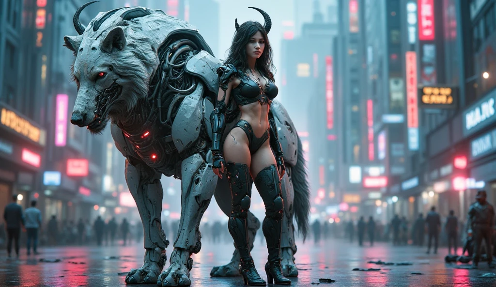  Create an ultra realistic full-body image of a beautiful 18-year-old woman, wearing a gothic bikini , huge boobs and deep V-neck , the skin of the branch is pale, long black hair, gothic,  sheep horns on the head ,  Very big boobs, cybernetic body, next to a giant robotic white wolf, in a cyberpunk city