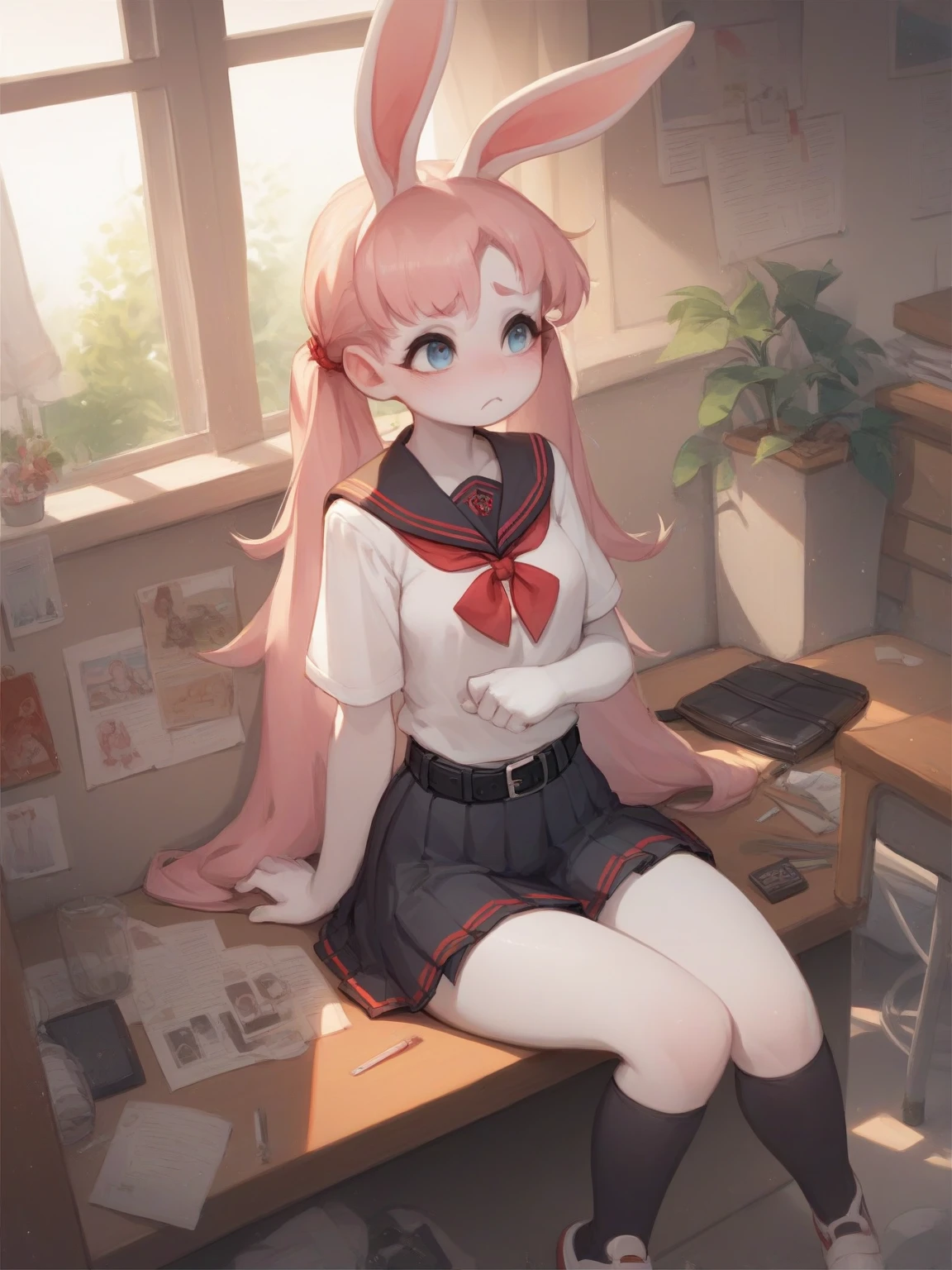 1bunny, (Feminine), hot body, solo, masterpiece, rustic wooden room, scenery, (female bunny:1.2), ((entire body white fur over skin)), ((long pink hair)), pink eyes, (wearing ((blue)) japonese high school uniform), ((high colors))