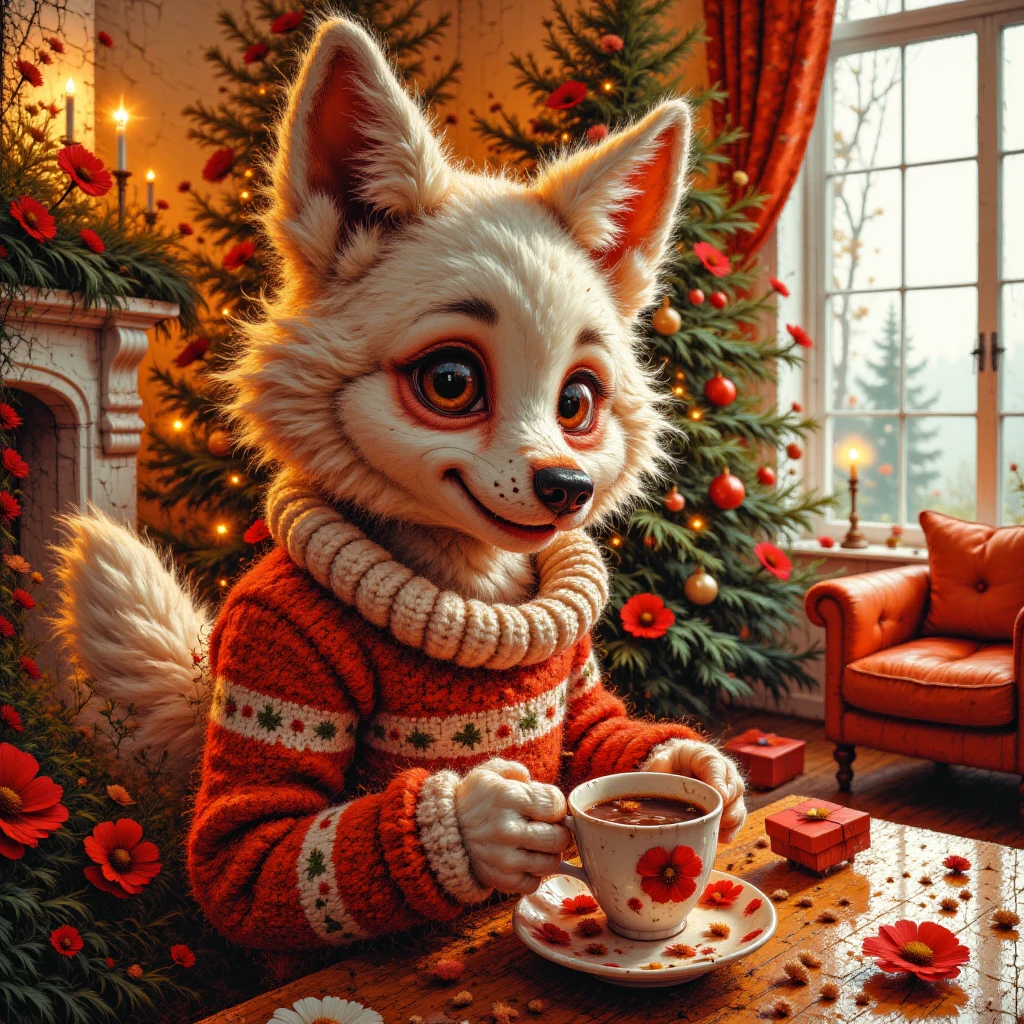 Highly detailed dynamic shot of a majestic, adorable baby wolf in a cozy Christmas living room, drinking from a tiny festive cup of hot chocolate. The baby wolf wears a cozy, intricate Christmas sweater, its soft fur glowing with delicate details. Its large, expressive eyes and playful, endearing expression add to its charm, with a faintly glowing red nose giving a whimsical touch. Surrounded by twinkling holiday lights, glowing sparkles, and a magical winter atmosphere, the scene radiates warmth and festive beauty, capturing a perfect blend of kawaii fantasy and holiday coziness.