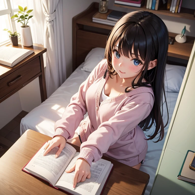 The image depicts a girl sitting on a bed in a dimly lit room. She is wearing pink pajamas, has dark hair and a gentle smile. In the background is a bedside table with a lamp and a book on it. There are paintings on the walls, creating an overall calming atmosphere. The room's decor is simple, with soft lighting enhancing the cozy space. She is treating me kindly.