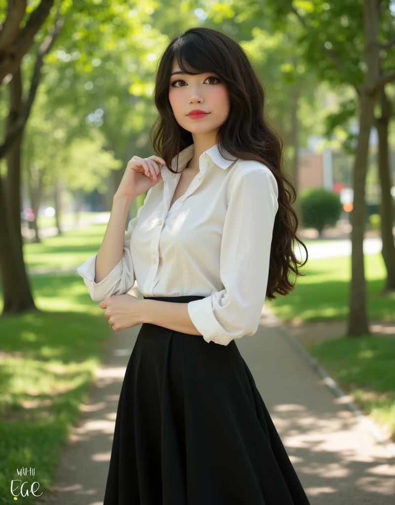 Em1ru wearing white blouse and black skirt posing for the picture at the park in the shade, sunny, casting shadows, vivid, intricate details,