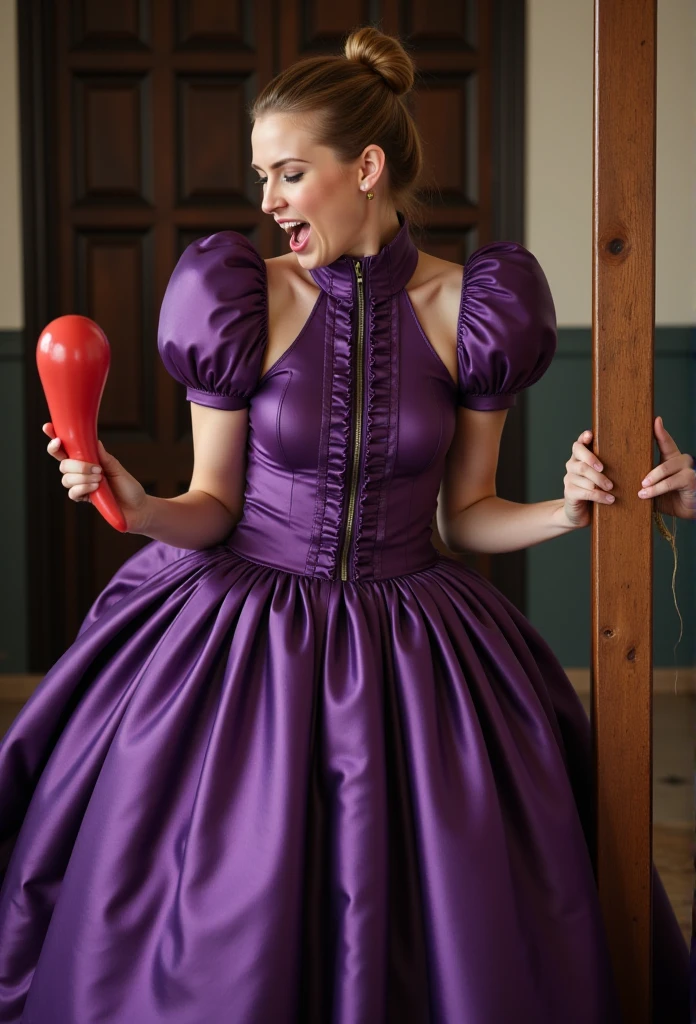 (realistic photograph close up sideways historical) (a big bust slender waist beautiful sexy looking surprised smiling lady having an orgasm with (hair bun)), (she is wearing (an exaggerated elaborate shiny purple high neck dress with (oversized puff sleeves), (and a narrow very high reaching up to her cheeks stand-up collar) (with a gigantic ruffle on top of the collar reaching to the top of her head), (and an extremely big skirt), (she has her arms tied behind her back)++++, (she is sucking on a huge red phallus (that is forced deep into her wide open mouth by another second woman grabbing her head)),  (she is hanged on a wooden beam gallows platform)