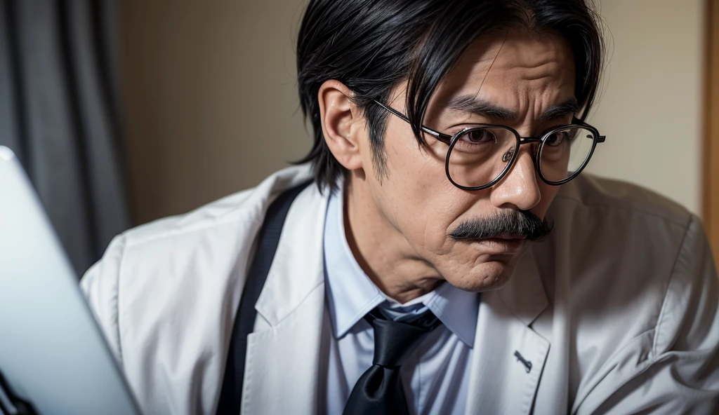 **A highly detailed, realistic portrait of Soichiro Yagami from Death Note**, depicted as a tall, old man with a composed and dignified presence. He wears a pair of rectangular spectacles, highlighting his analytical and responsible nature. His neatly combed-back black hair shows subtle streaks of gray, symbolizing the stress and gravity of his role. He has a well-groomed mustache, slightly fuller than in the manga. Soichiro is dressed in formal Western attire—a crisp white shirt, a dark tie, and a tailored suit jacket. The background features a dimly lit office, with a desk stacked with case files and a faint glow from a computer screen, reflecting his dedication to justice and his work as a police officer