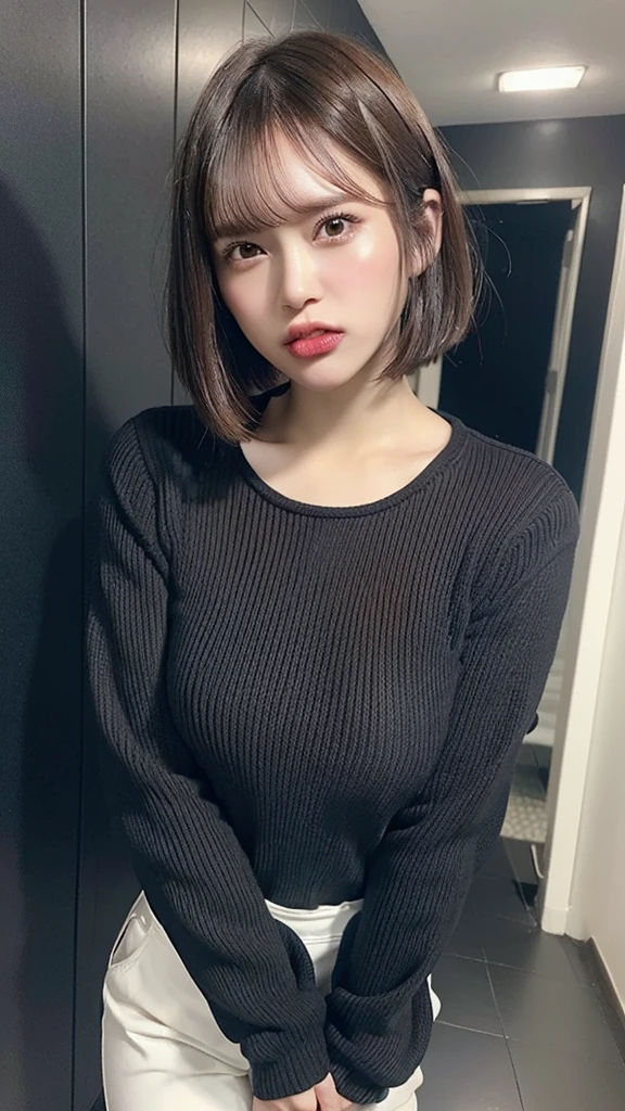 (((black long sleeve knit:1.2, white business pants:1.2))), (((angry face, open mouth:1.3)))、((((brown short bob hair, bangs)))),(((hands between legs:1.1, standing))),((junior face)), Japanese、(((Round face)))、(big cheeks)、((Cute Face))、(((Japanese idol)))、(((background: dark restroom))),  Ultra High Definition,  high image quality model,  retina,  top quality, High resolution、high resolution、in 8K,Highly detailed eyes and face、超High resolution, High resolution、high resolution、in 8K