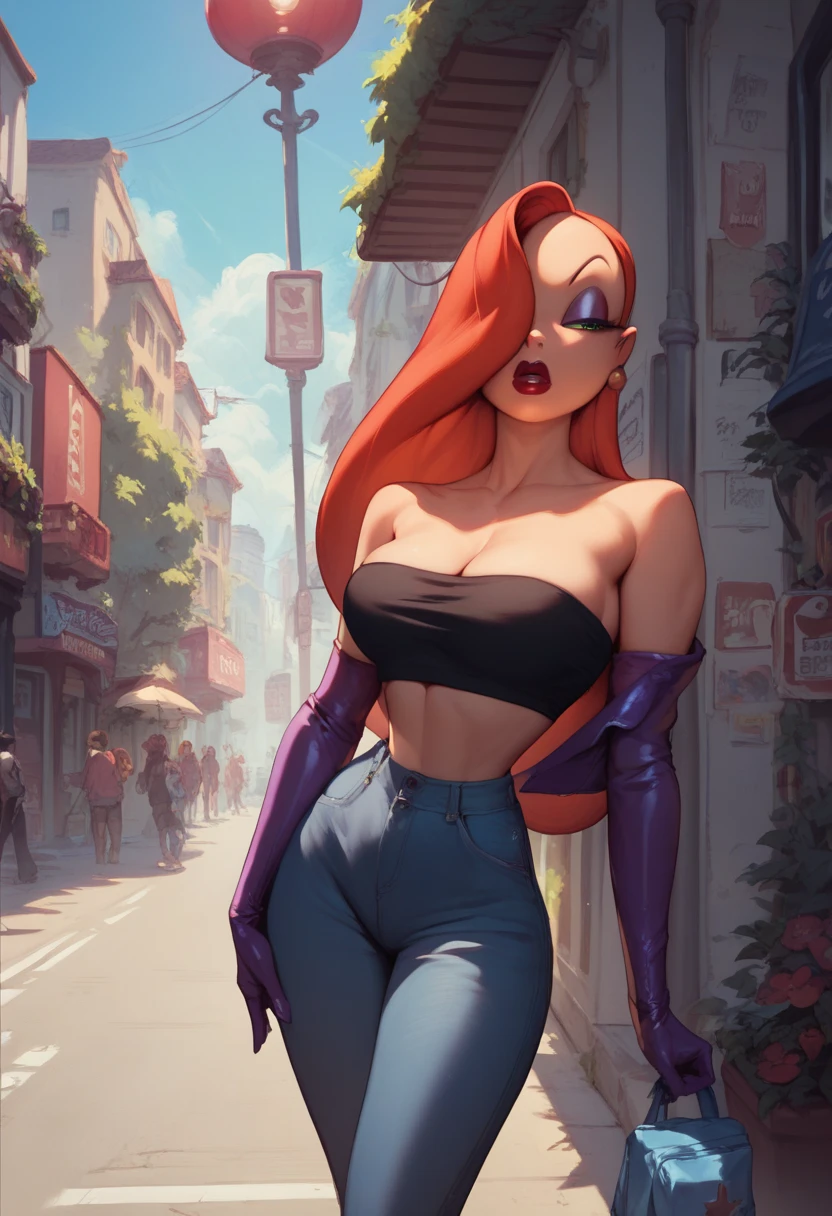 Jessica Rabbit Was Wear Black Tube Top And Big Booty Blue Damin Pants On Street 