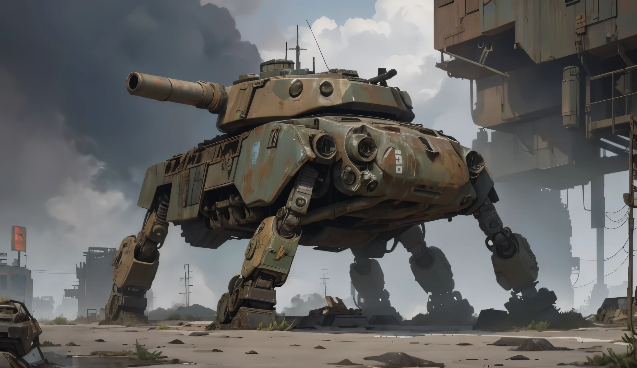 A tank on four legs inspired by mecha walkers in a desolate radioactive wasteland scene inspired by Fallout and Armored Core with a Retro science fiction vibe. It is covered in rust and appears to be rather crudely maintained with random bits and pieces of other vehicles welded onto it and has a post apocalyptic vibe. 