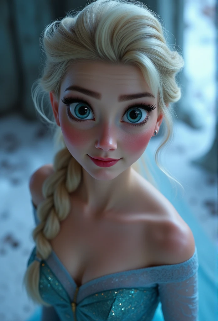 Elsa, (perky breasts), (((small breasts))), smirk:1.2, beautiful blue eyes, (perfect iris’s), depth of colour to her eyes, blonde hair, long hair, braid, full lips, blush, naked, she is showing her vagina, depth of field, bokeh, (special attention to skin detail: 1.2), masterpiece, best quality, ultra-detailed, ultra-HD, photorealistic, cinematic, ((mid camera shot)), sensual pose, alluring, nipples:1.4, looking up at camera, closeup on her face, her cheeks are blushed, 2, she is on her knees, eye contact:1.4, high angle:1.5, ((closeup on face)), perfect face, (((visible breasts))) bokeh everything other than her perfect face, location is Arendelle in winter, ice castle