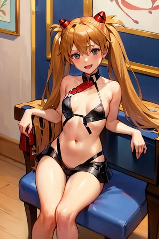 (( top quality)), ((masterpiece)), (be familiar with),  perfect face, indoor, bedroom,  watching viewers,
One woman,  Soryu Asuka Langley,
 open mouth,  ecstatic expression beside the piano, blush, smile,
 small tits,  flat chested, Young girl, Lori,  s,  girl,
 long hair,  Twin Tails ,
Leg spread,