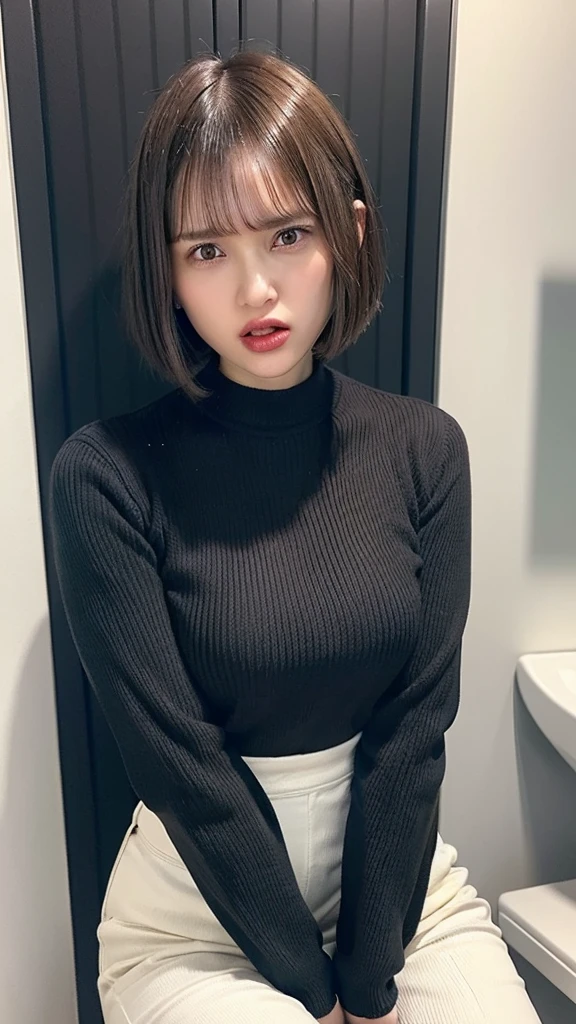 (((black long sleeve knit, white business pants:1.2))),((((brown short bob hair, bangs)))), (((hands between legs:1.1, have to pee))), (((angry face, open mouth:1.3)))、((junior face)), Japanese、((((Round face))))、(big cheeks)、((Cute Face))、(((Japanese idol)))、(((background: dark restroom))),  Ultra High Definition,  high image quality model,  retina,  top quality, High resolution、high resolution、in 8K,Highly detailed eyes and face、超High resolution, High resolution、high resolution、in 8K