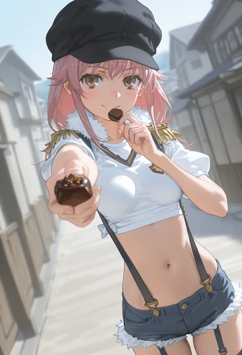 masterpiece, best quality, amazing quality, very beautiful, absurd, latest, scenery, anatomically correct, 16k, UHD, accurate, expressive, anime screenshot, anime coloring, (Toaru Majutsu no Index style),

Blake, Toaru Majutsu no Index, arisa meigo, brown eyes, pink hair, medium breasts, sidelocks, anime screenshot, hat, belly button, shorts, midriff, short shorts, garter straps, suspenders, fur trim, epaulettes, village, house, community, countryside, farm, smiling, incoming food, chocolate, holding, holding chocolate, holding food, food, looking at viewer, mouth open, blushing, smiling, school uniform, looking at viewer, solo, , dutch angle, cowboy shot

Blake, perfect lighting,
Blake, depth of field, cinematic lighting, motion blur, speed lines, masterpiece, best quality, amazing quality, very beautiful, absurd, latest, scenery