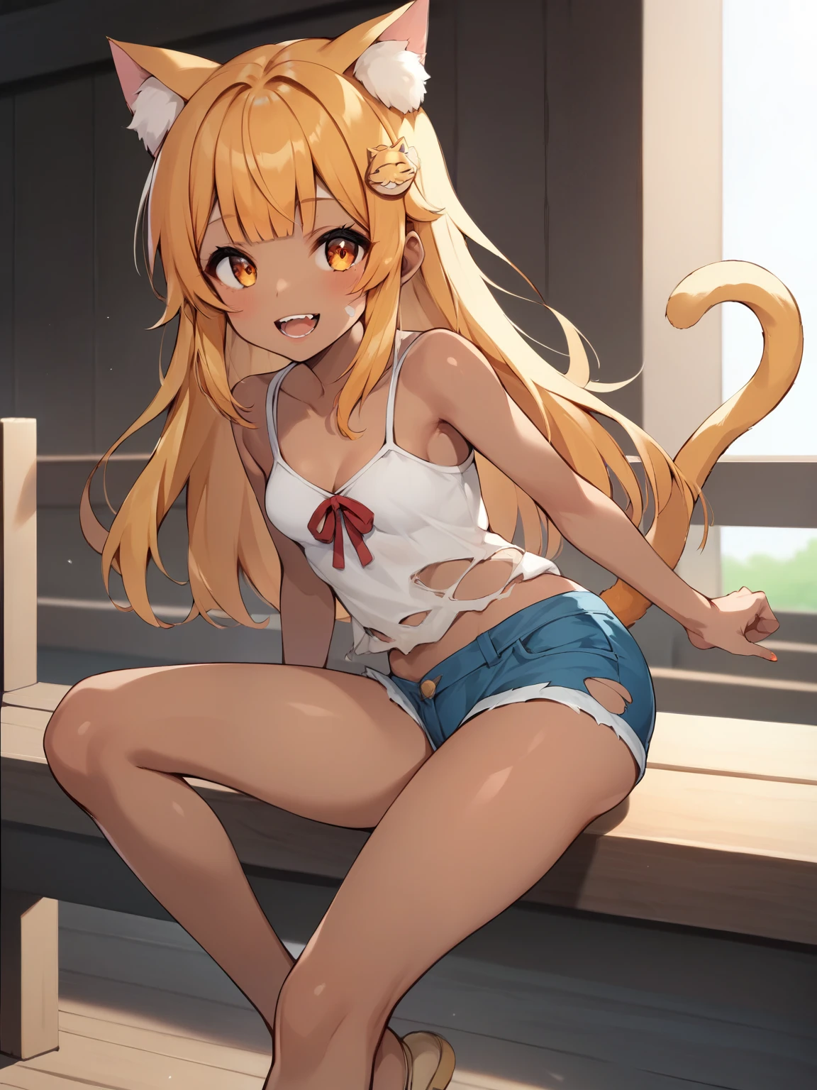  score_9,  score_8_up,  score_7_up,  score_6_up,  score_5_up,  score_4_up,ANIME BREAK ，nsfw，  top quality，masterpiece，(   detailed background:1.2)，  fisheye lens， tousled hair, (Exposed small breasts), ( Denim Shorts :1.5),(Amber Hair:1.6),（ long hair:1.3） ,（blunt bangs),( Big Red Ribbon Hair Ornament :1.1),( Healthy brown skin  :1.8), Extremely Torn and Damaged Camisole , (  Dirty Oversized White Camisole ), Slim and small breasts, (Front leg pose),(Double teeth), (  mouth), textured skin, cat ears, Fluffy Cat Tail  , One young girl， short， **ddler figure ，( Cute ****** Single Girl :1.3), (( top quality)), ( Sitting on the Edge of an Old Pier ),  slum