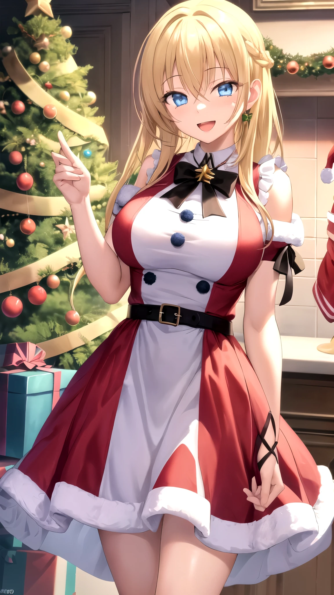 masterpiece, best quality, high quality, girl, solo, looking at viewer, yuuto_kiba, blonde hair, blue eyes, hair between eyes, large breasts, merry christmas Dress, standing, smile, open mouth,