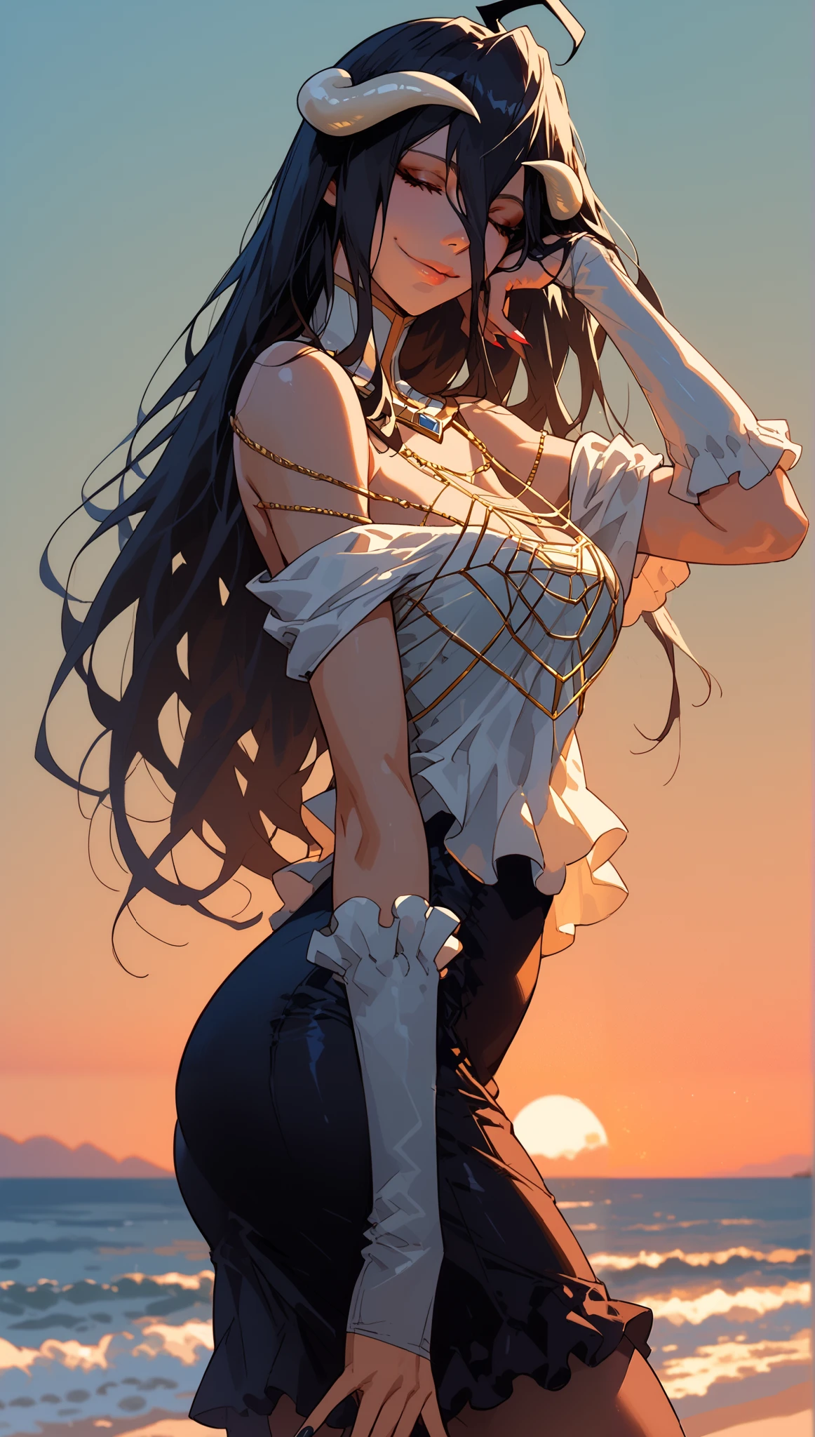 (score_9,score_8,score_7_up,score_6_up)sinozick style,flat color, dark theme
waligner overlord albedo absurdres english_commentary highres paid_reward_available 1girl ass white_dress backless_outfit bare_shoulders white_dress breasts black_hair cleavage closed_mouth cowboy_shot detached_sleeves dress elbow_rest from_behind hair_between_eyes halterneck hand_on_own_cheek hand_on_own_face head_rest holding jewelry large_breasts looking_at_viewer multiple_views nail nail_polish parted_lips short_dress smile tight_clothes tight_dress full_body, background_of_sunset, nature, beach, enjoying_sunset dynamic_shadows open_eyes looking_at_us
