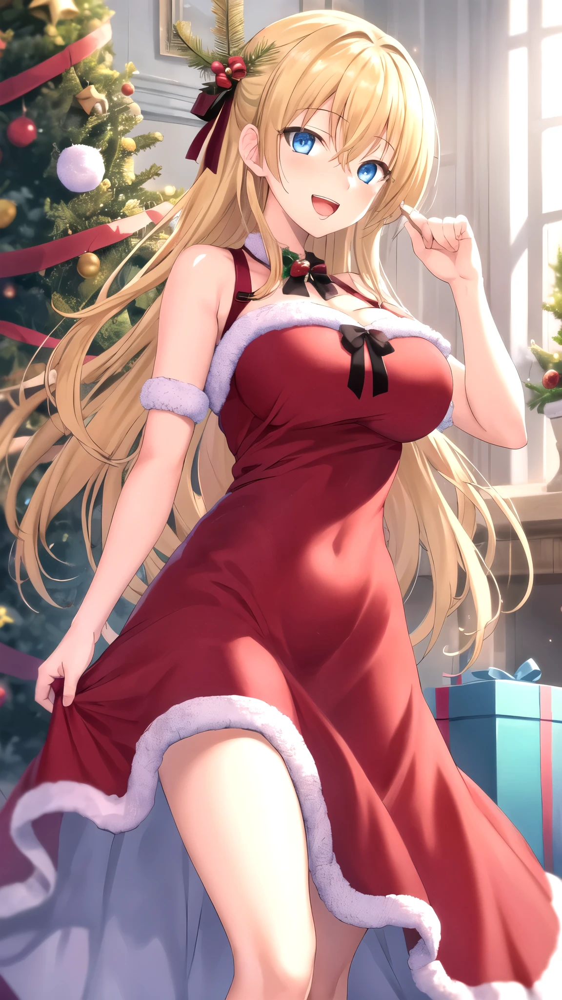 masterpiece, best quality, high quality, girl, solo, looking at viewer, yuuto_kiba, blonde hair, blue eyes, hair between eyes, large breasts, merry christmas Dress, standing, smile, open mouth,