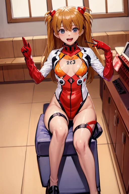 (( top quality)), ((masterpiece)), (be familiar with),  perfect face, indoor, bedroom,  watching viewers,
One woman,  Soryu Asuka Langley,
 open mouth,  ecstatic expression beside the piano, blush, smile,
 small tits,  flat chested, Young girl, Lori,  s,  girl,
 long hair,  Twin Tails ,
Leg spread,