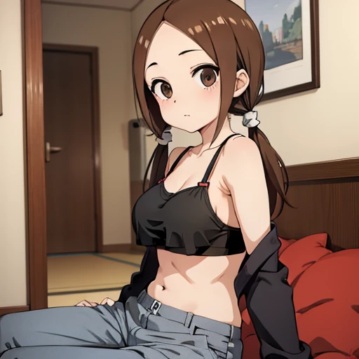 ((best quality)), ((masterpiece)), (detailed), perfect face, brown skin anime girl wearing a deep V neck Chinese shirt, (bare shoulders), (jeans trousers), famished in hunger, (gently resting hands on stomach), (long hair), (hands on her stomach)