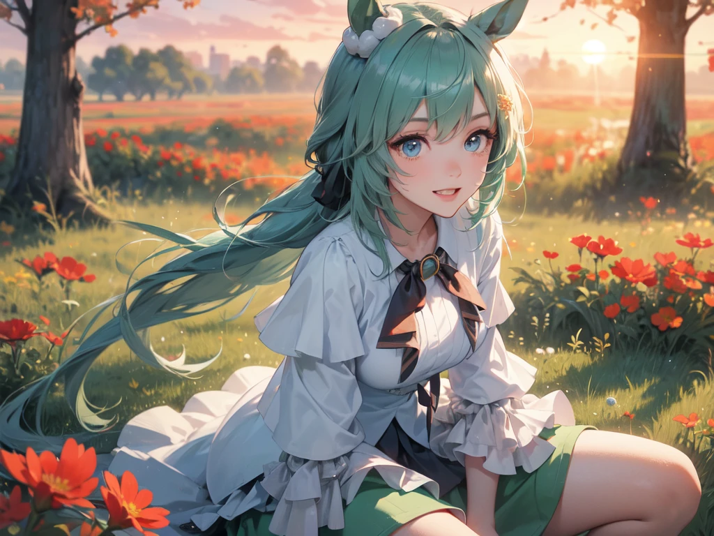 (Solo), (One adult female), (Adult style), (Sharp facial features), (Horse ears), (Long hair, low ponytail with big green ribbon), Sitting in open position with arms crossed, Sexy and comfortable outfit, (Light green skirt, smiling and showing gums), (Grassland surrounded by lots of red flowers), (Sunset), (Emphasis on breasts, Bust-up shot), (Best Work, Highest Quality, High Resolution, 8K)