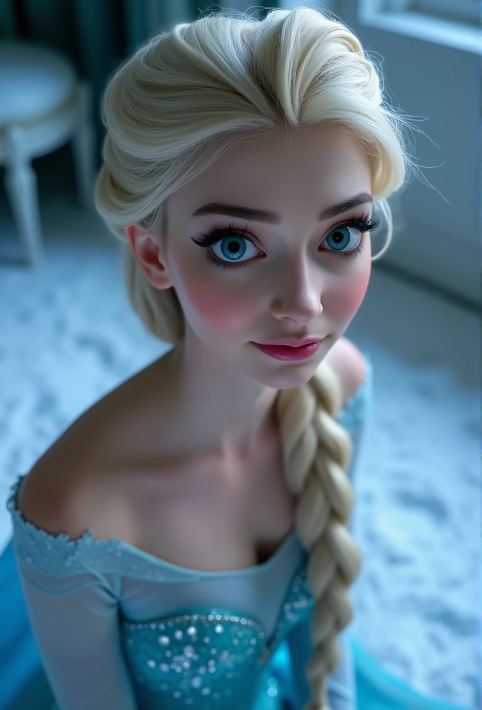 Elsa, (perky breasts), (((small breasts))), smirk:1.2, beautiful blue eyes, (perfect iris’s), depth of colour to her eyes, blonde hair, long hair, braid, full lips, blush, naked, she is showing her vagina, depth of field, bokeh, (special attention to skin detail: 1.2), masterpiece, best quality, ultra-detailed, ultra-HD, photorealistic, cinematic, ((mid camera shot)), sensual pose, alluring, nipples:1.4, looking up at camera, closeup on her face, her cheeks are blushed, 2, she is on her knees, eye contact:1.4, high angle:1.5, ((closeup on face)), perfect face, (((visible breasts))) bokeh everything other than her perfect face, location is Arendelle in winter, ice castle