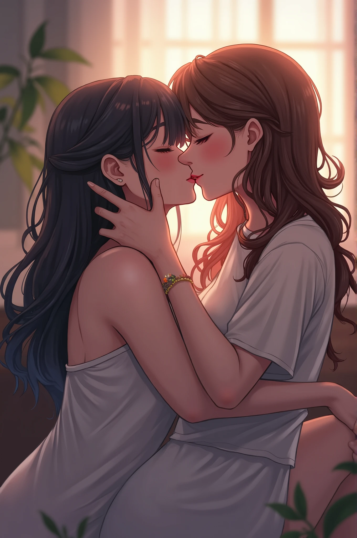 A realistic anime style image of two women deeply in love. One is a beautiful Asian woman with long black hair, dressed in an elegant petrol blue nightgown. She is about to be kissed by a beautiful British woman with semi-short light brown hair, who is dressed in a white sleeveless nightgown. She is caressing the Asian woman's cheek, who has her eyes closed, waiting for the long-awaited kiss. They are sitting on a brown leather sofa in an elegant living room. There is intimacy and love between them.