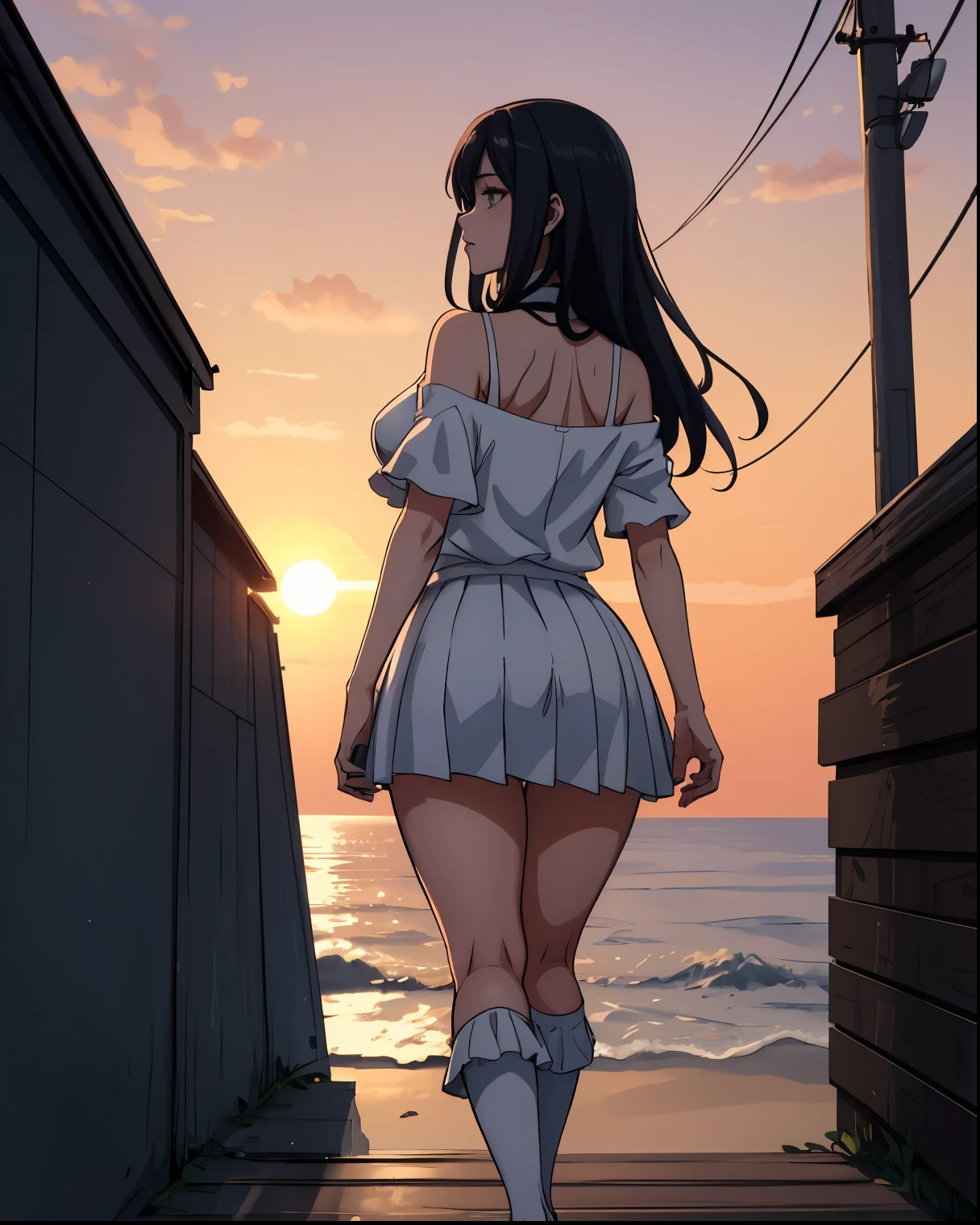 masterpiece、high quality、1girl , 1 character only、solo、Albedo, Overlord anime, anime style,Black hairs ,long hairs,  bigger legs, proud, very proud. thick, very nice girl, Leaning over wall/house/item, or standing on beach and enjoying sunset, looking at us, over wall, Silhouette shot: Capture a romantic moment against a beautiful sunset or backlight, Over-the-shoulder glance: Looks great for showcasing clothing, Well good,true beaty,epic sunset, sunset visible, horizon, sunset shado