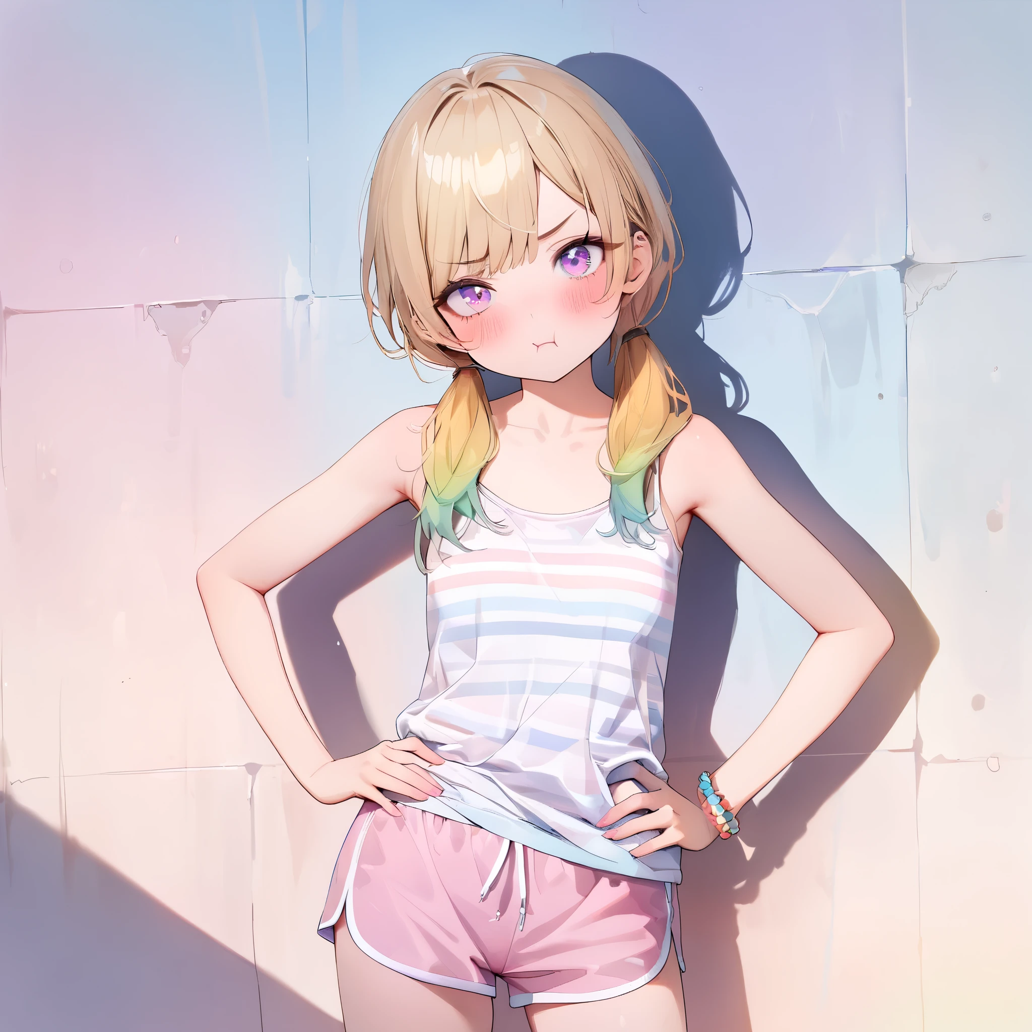 Blonde, (Curly Hair), ( very short hair :1.2),、Akiba Itsuki、Physical education class、Sportswear、 white gym clothes。Black Bloomers
