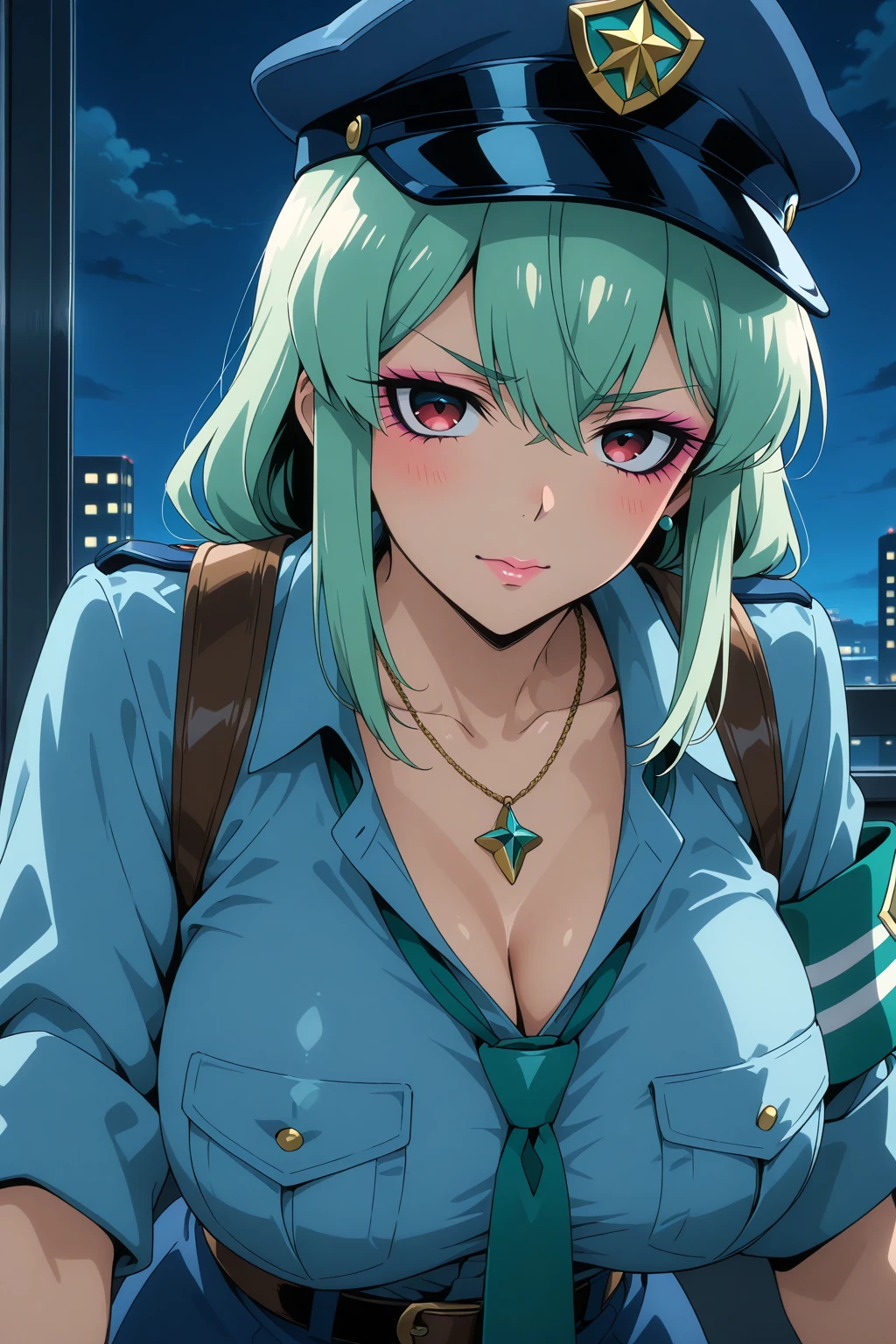 masterpiece, best quality, amazing quality, highres, absurdres, very aesthetic, high resolution, ultra detailed, perfect details, 1girl, indoors, (night:1.3), Large breasts,mahou shoujo ni akogarete magiaazul,green_hair,red_eyes, police uniform, necktie, police hat, collared shirt,(aged up:1.2), looking at viewer,anime,gyaru, makeup, jewelry, lips,