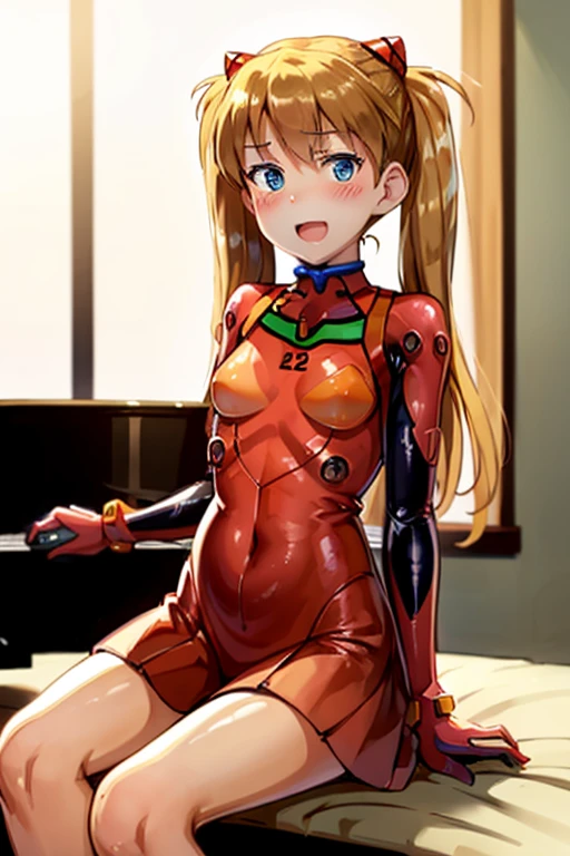 (( top quality)), ((masterpiece)), (be familiar with),  perfect face, indoor, bedroom,  watching viewers,
One woman,  Soryu Asuka Langley,
 open mouth,  ecstatic expression beside the piano, blush, smile,
 small tits,  flat chested, Young girl, Lori,  s,  girl,
 long hair,  Twin Tails ,
Leg spread,