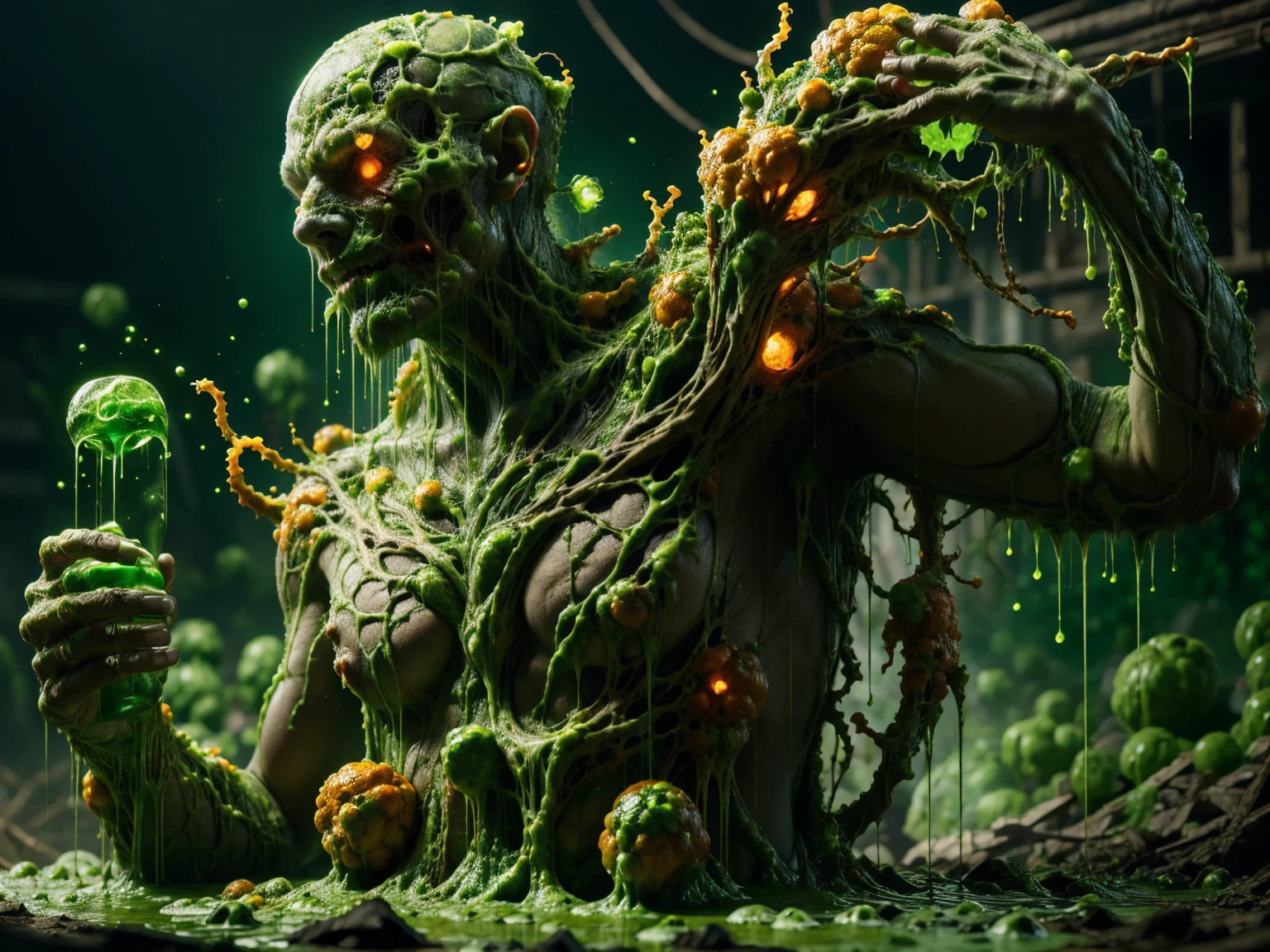 acidMutant zombie, green acid, venomous growths, orange organic masses, glowing